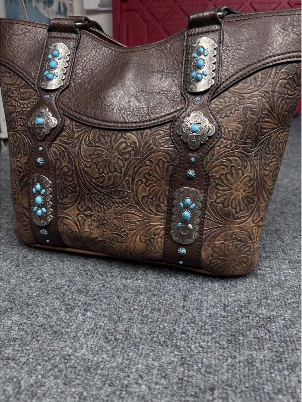 Justin Boots Brown Floral Tooled Handbag CCW Conceal Carry Tote Turquoise Stone